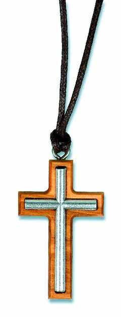 Halskette "Kreuz" - Silber auf Olivenholz